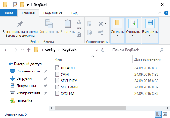 Папка Regback в Windows 10