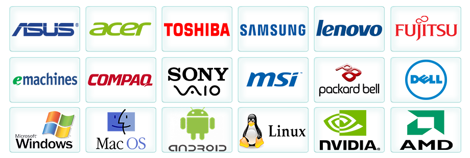 Ремонт и настройка: Asus, Acer, Lenovo, Fujitsu, MSI, LG, HP, Sony Vaio, Samsung, Toshiba, Packard Bell, Dell, Compaq, iRU, NVidia, AMD Ati; Программное обеспечение: Microsoft Windows, Mac OS, Android, Linux. Логотип фото